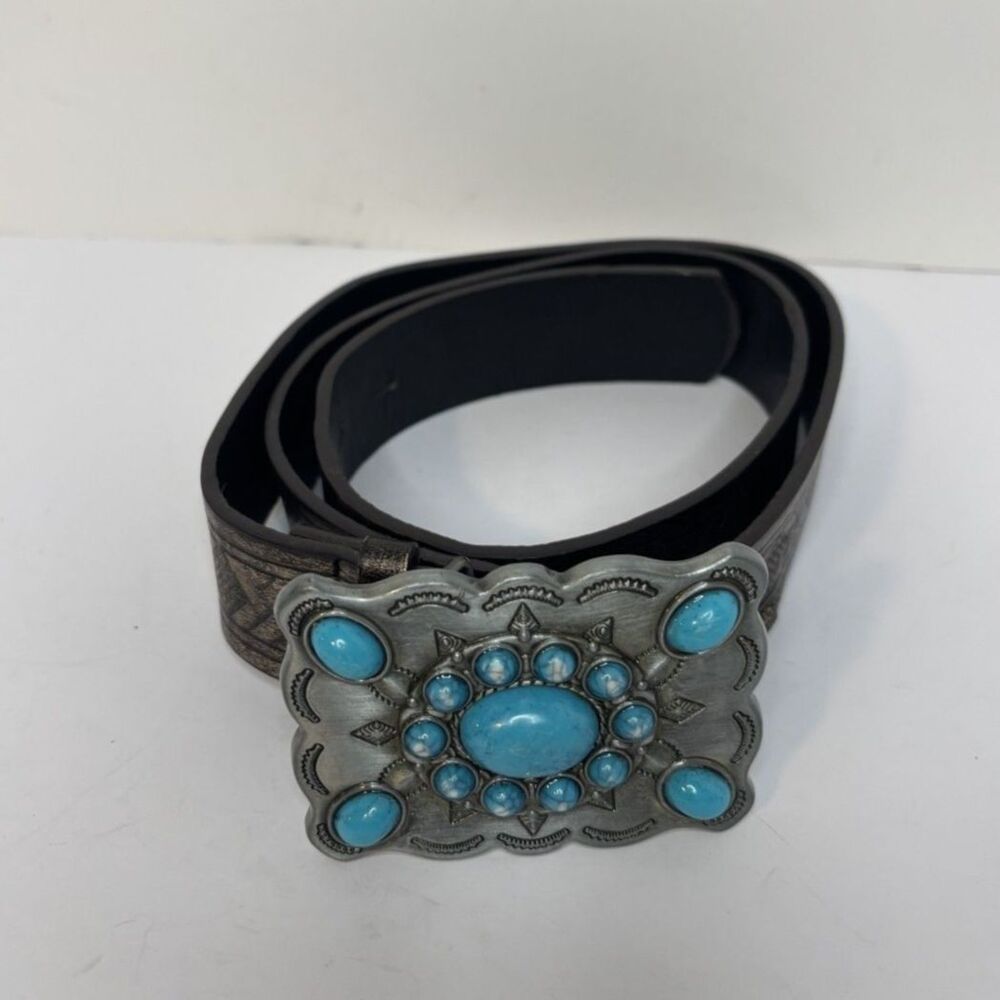 American Endurance Bonded Leather Western Belt Turquoise Stone Ornate Buckle